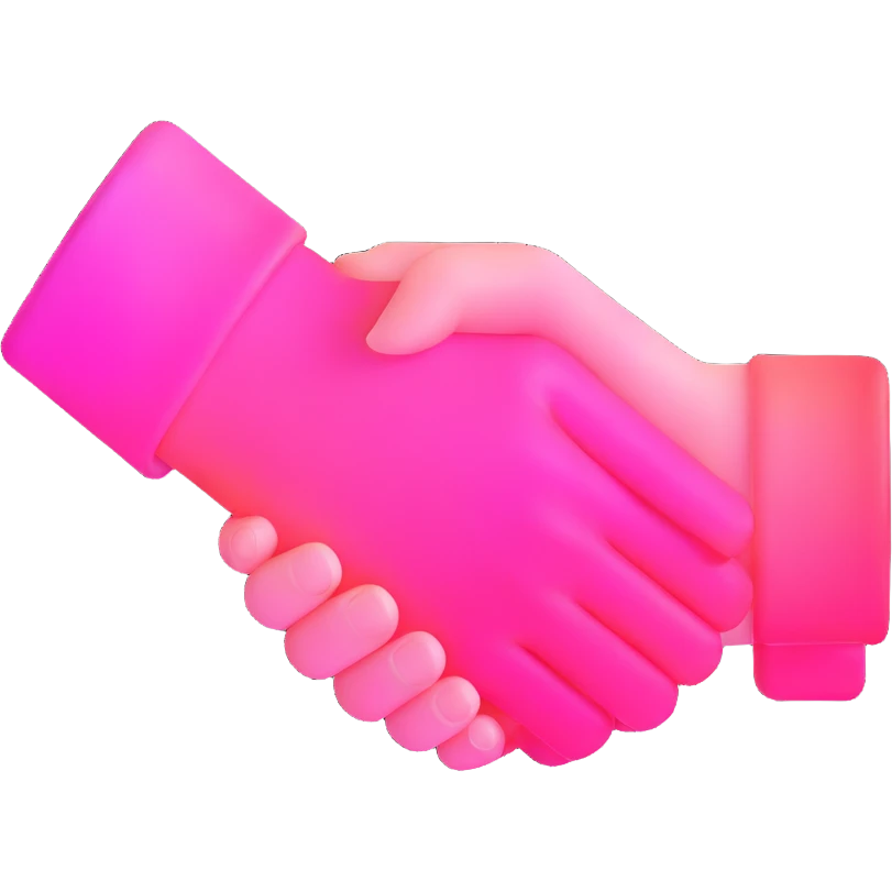 handshake, transparent glass with bright pink gradient from #FF335F to #FF99AA, soft glow and shadows, minimalistic emoji