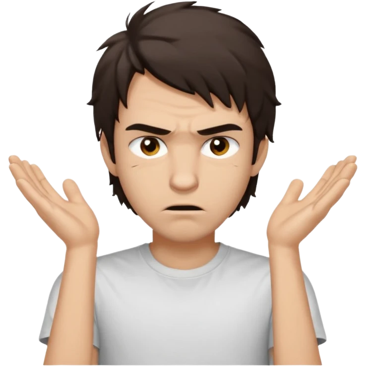 A young man with the appearance of dark brown hair of medium length, uncombed, covering the forehead and ears. • Large brown eyes with a slightly angry look. • Light skin, full lips, neutral facial expression. • Dressed in a light T-shirt (white) with the inscription UNTERWENS emoji