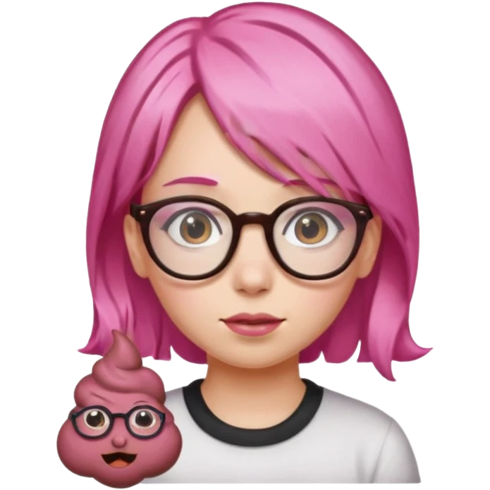 Chica con pelo rosa, gafas de forma de caca y una orquilla de caca emoji