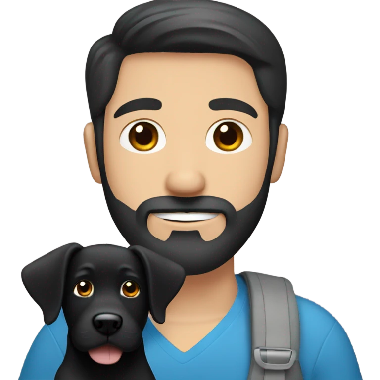 Blue eyes Dark hair man beard and mustache holding black Labrador  emoji