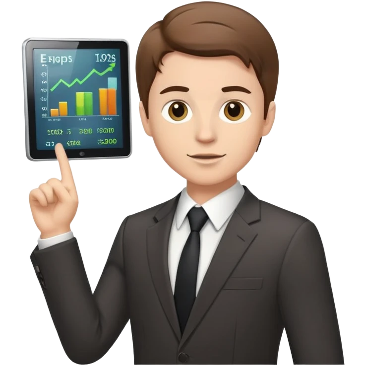 White boy with brown hair in a suit presenting a finance slideshow emoji