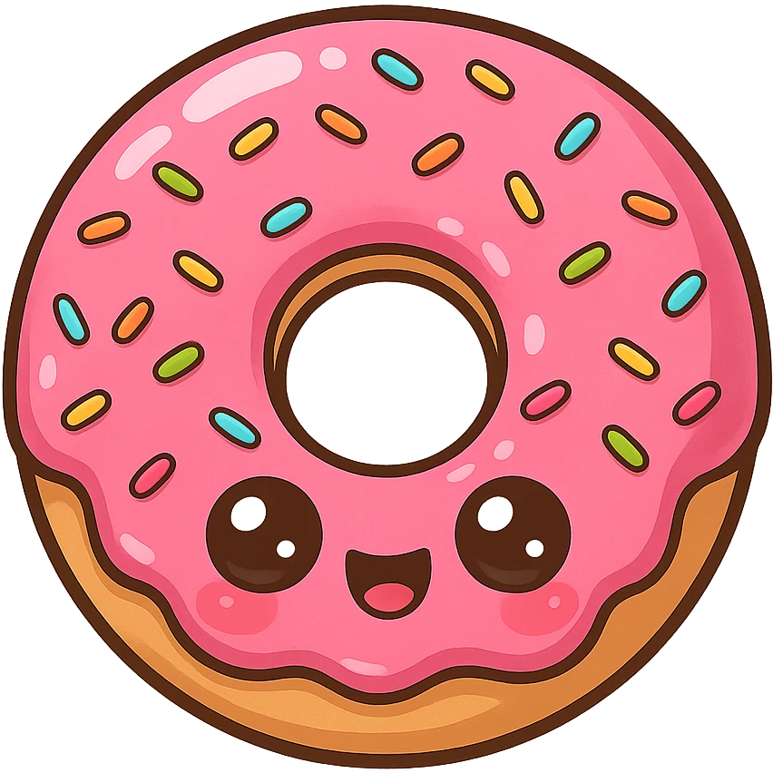 a cute pink donut, original design, big eyes, blushing cheeks, joyful emoji