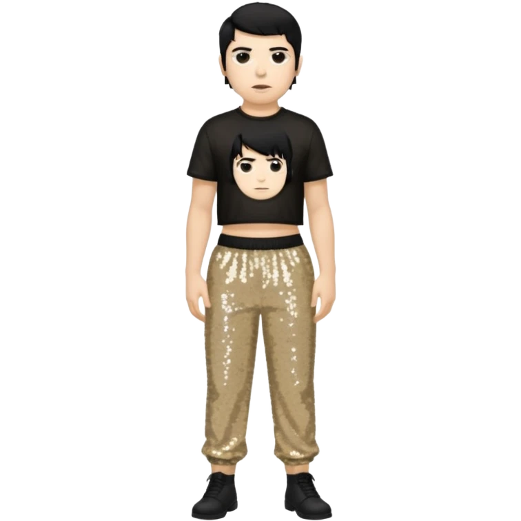 Chino Moreno with black hair, black sequin crop top, beige sequin baggy pants emoji