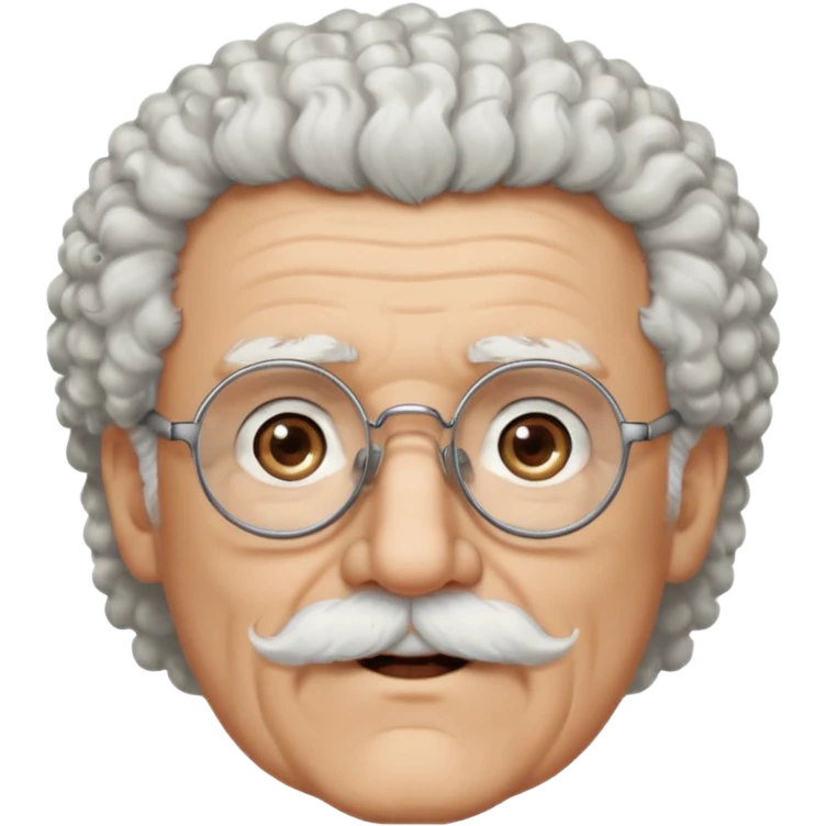 An elderly man emoji fluffy curly white hair, brown eyes behind black-framed glasses, a narrow pointed face, and a thin straight white mustache above his mouth. emoji