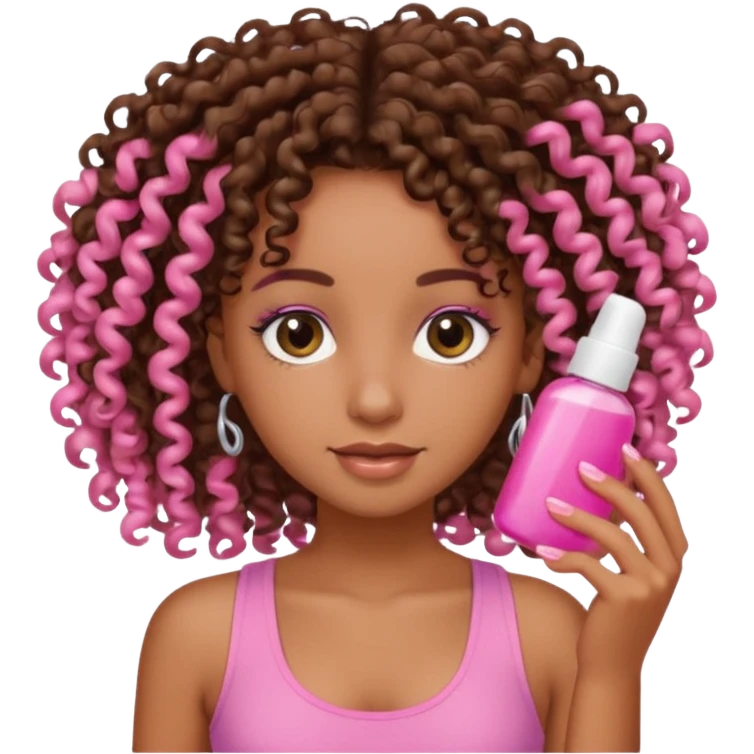Uma menina com o cabelo cacheado é morena, e com uma regata rosa com unha em gel, é com Baby hair.  emoji