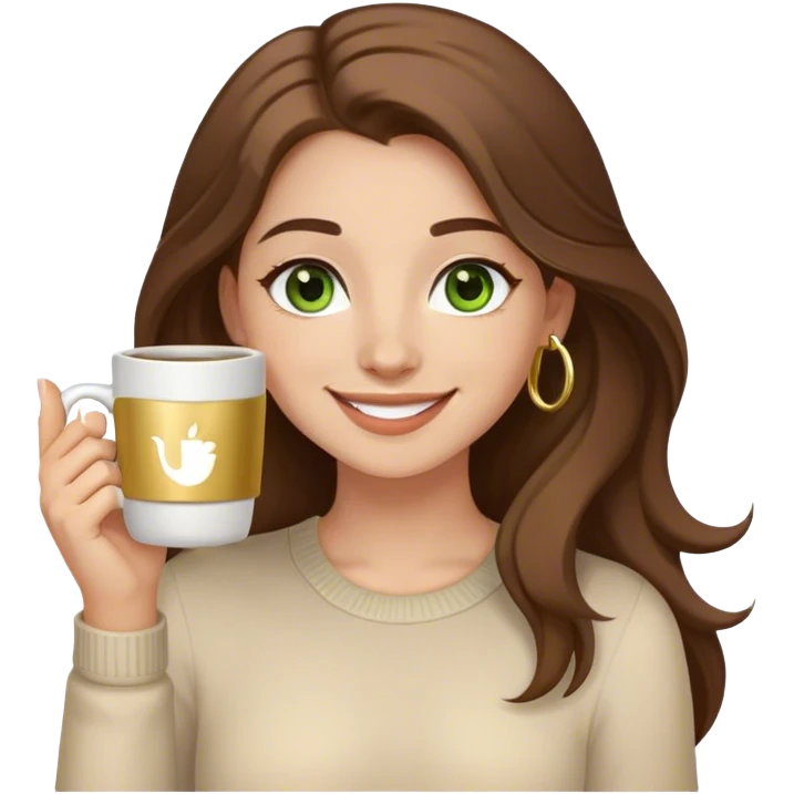 Long, Brown haired girl with middle hair part, green eyes, gold hoop nose ring, smiling, waving with one hand, coffee mug in the other emoji