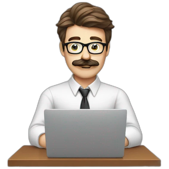 a nerd guy typing infront of laptop with moustache emoji