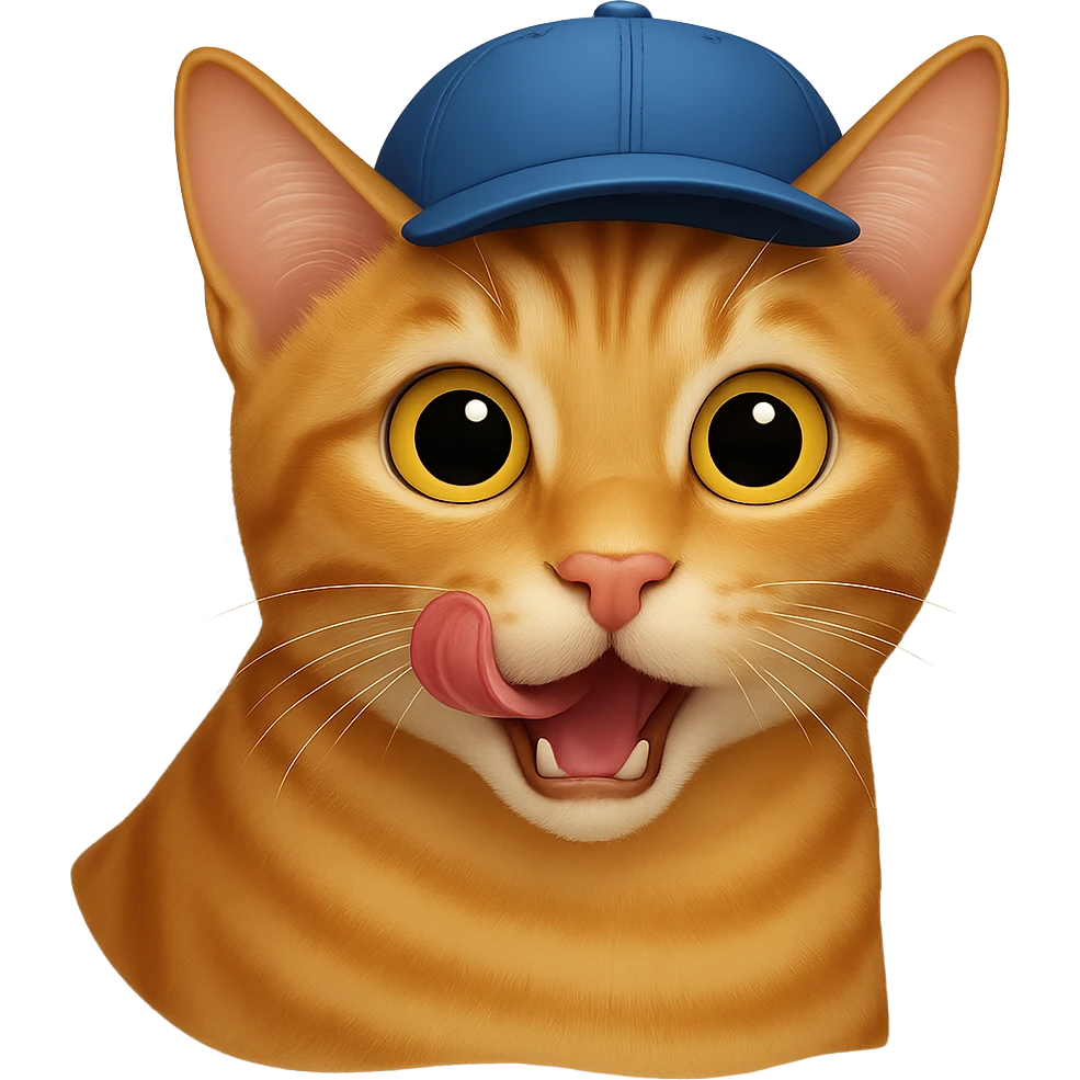 Change the cat's face expression to hungry (licking lips or wide eyes), keep the blue cap, and set the background to transparent. Maintain a style as close to the original realistic emoji as possible, with detailed fur texture and lifelike appearance. emoji