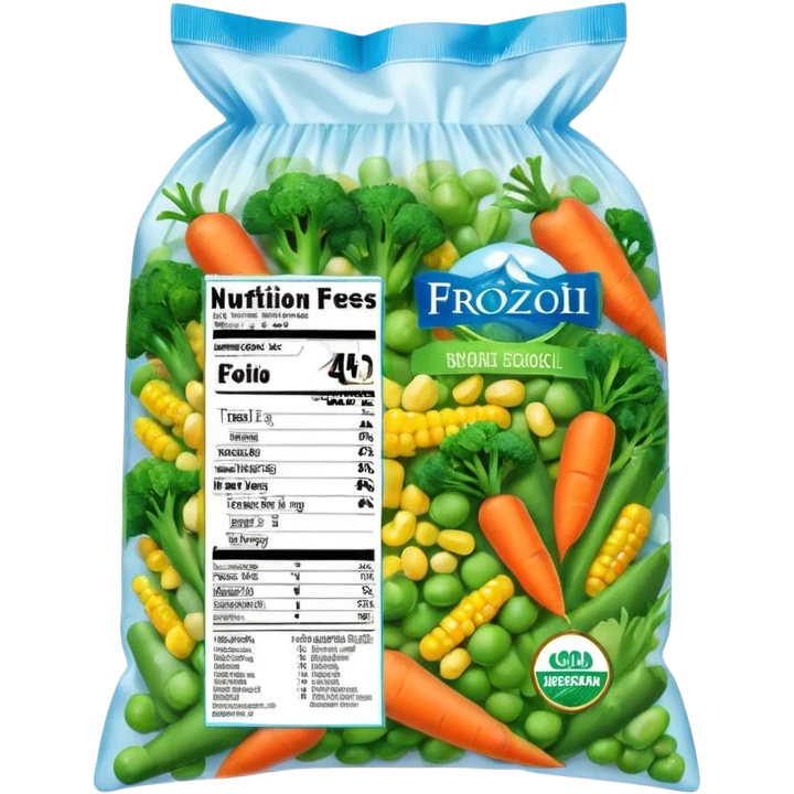 A colorful plastic bag of frozen mixed vegetables (peas, carrots, corn, and broccoli) with a bright label showing freshness and nutrition info. The bag surface has light frost and condensation. Placed in a freezer display section with other frozen food packs around it, real-life grocery store look. emoji