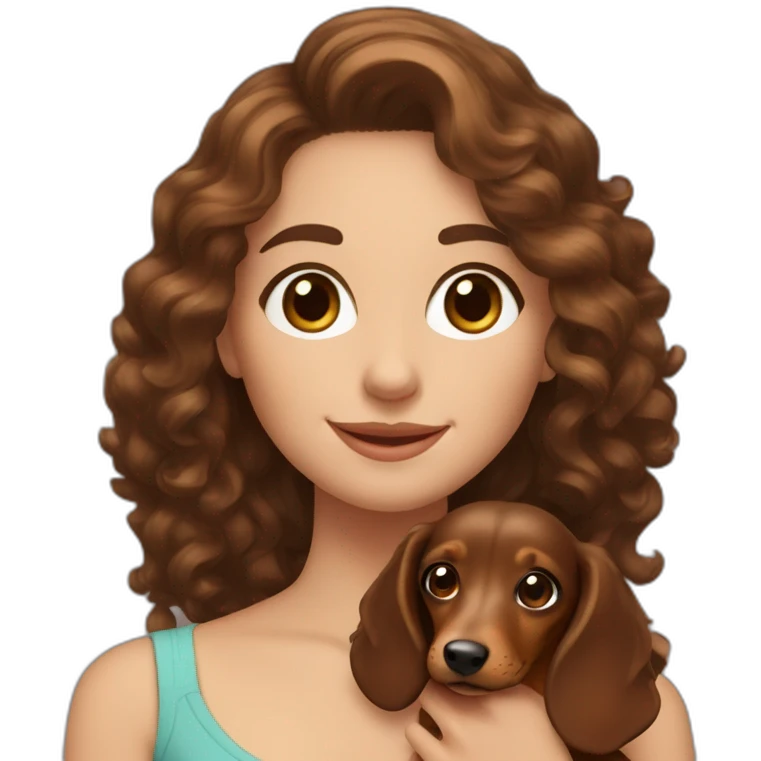 Young lady long curly brown hair smiling and brown eyes with long eyelashes and holding a dachshund  in her arms emoji
