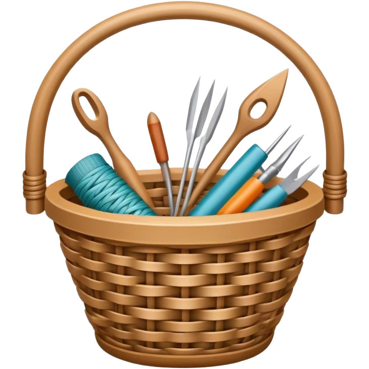 Wicker weaving icon, flexible wicker branches woven into a basket or decorative object, weaving tools like an awl, intricate patterns, minimalistic style, clean lines, transparent background. emoji