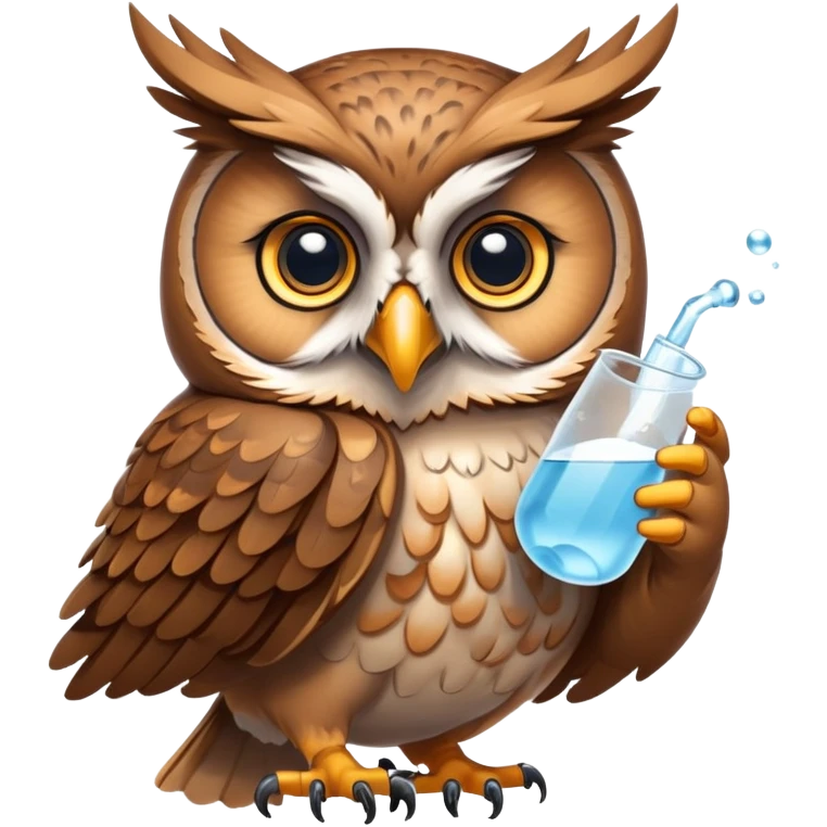 Owl holding omega and alpha symbol in beak in wings holding h2o molecule  emoji