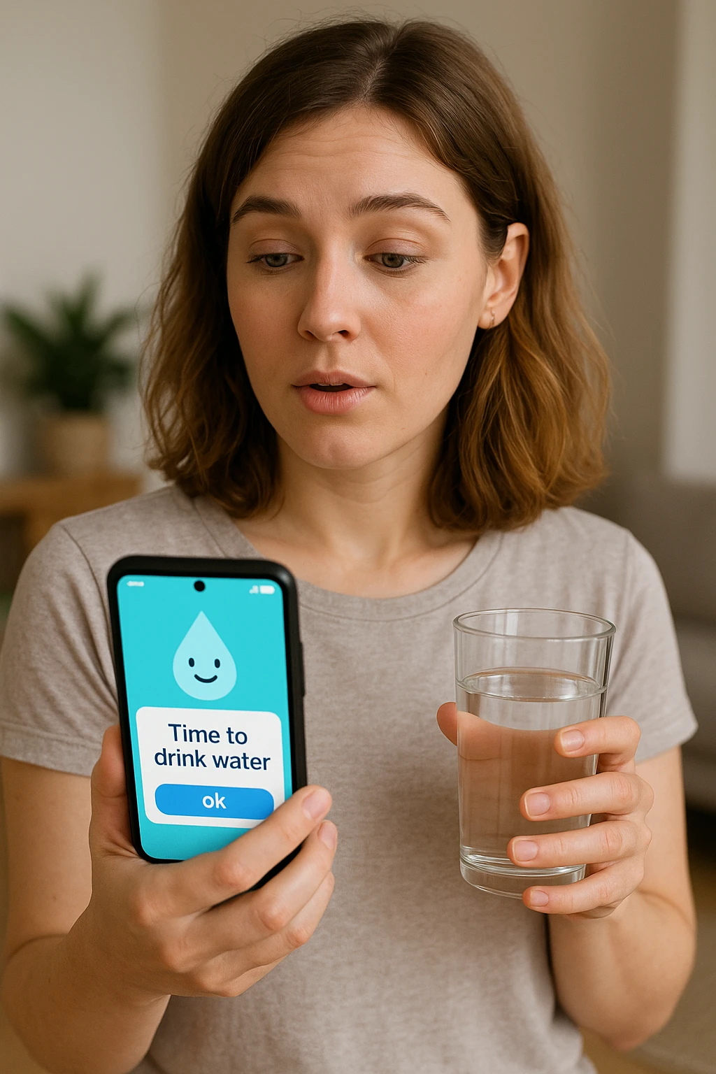 Donna che usa App per ricordarsi di bere, altrimenti non beve mai emoji