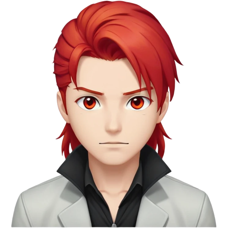 Handsome gorgeous anime man with bright-red hair, thick long ponytail, red eyes, white shirt, black jacket, stone face emoji