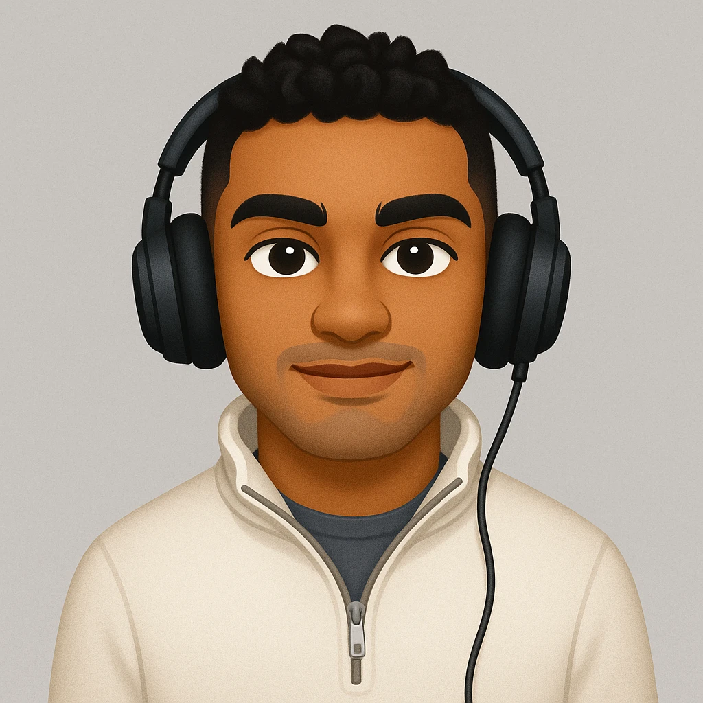 Edit the emoji portrait to closely match the reference photo's facial features, hairstyle, and skin tone. Maintain the music-forward, jaded but positive urban streetwear vibe. Include a music accessory such as headphones. The expression should be confident. The style should resemble an emoji but adapted for editing in the general style editor. emoji