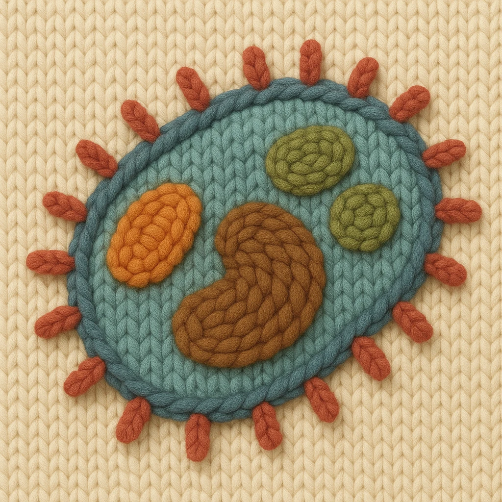 bacteria with organelles, textured and cozy, knitted patch style emoji