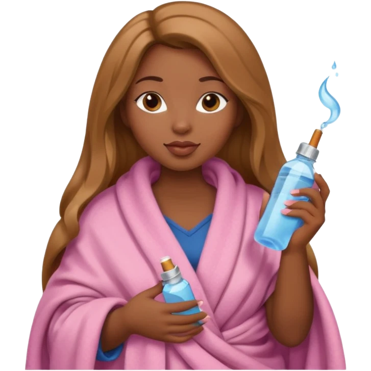 Curvy, light brown long hair, pretty black girl light pink lipgloss wrapped in blanket holding a brown cigarette and water bottle  emoji