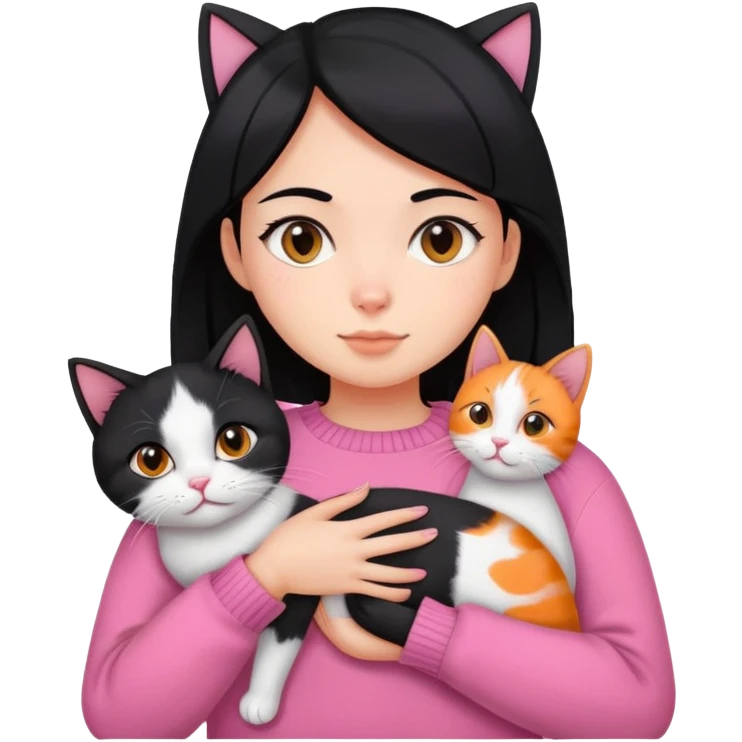 girl with black hair holding a tri-colored cat (black, orange, white) wearing a pink sweater emoji