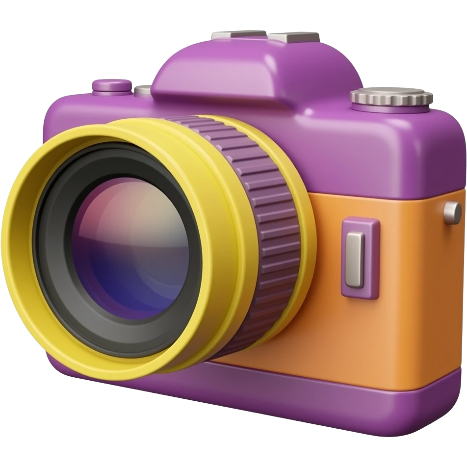 Glossy 3D rendered film camera emoji, straight on front-facing view, detailed with distinct lens barrel and film reels, slightly rounded edges, vivid saturated berry (#B4018C) body, bright pure yellow (#FFF200) lens and accents, soft shading, white background. Highly saturated colors emoji