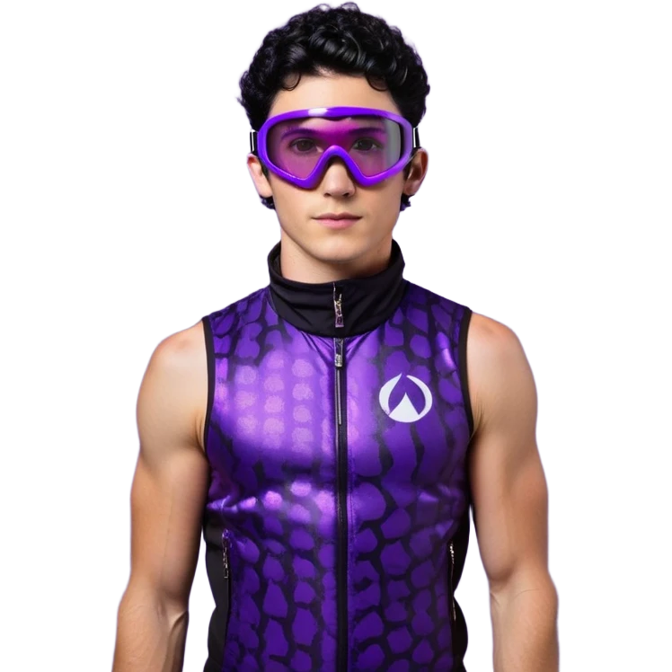 male athlete with white skin and moderately curly black hair on top with shaved sides, wearing ski goggles with purple frames and very dark black lenses, a simple plain black chain necklace, and a completely unzipped sleeveless vest with purple and black sequin fire pattern design with no logo or brand emblem, fully revealing his chest, shoulders and arms, no earrings emoji