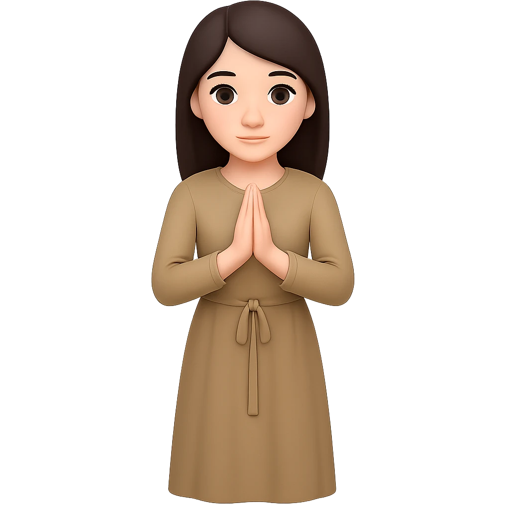Show the woman standing and praying from the front view, wearing a long tan dress, with dark brown hair, in emoji style. Remove the background. emoji