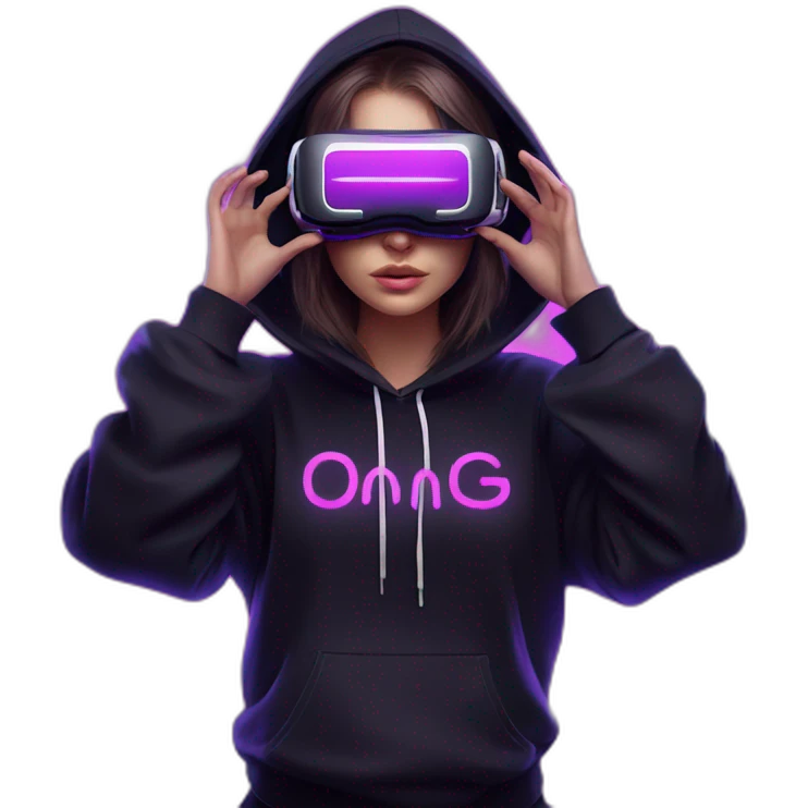 Russian girl wearing black hoody with violet letters "OMG", in vr headset. Cyberpunk style. Violet neon. emoji