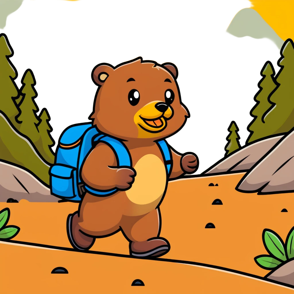 Beaver hiking up a trail ahead of a duck emoji