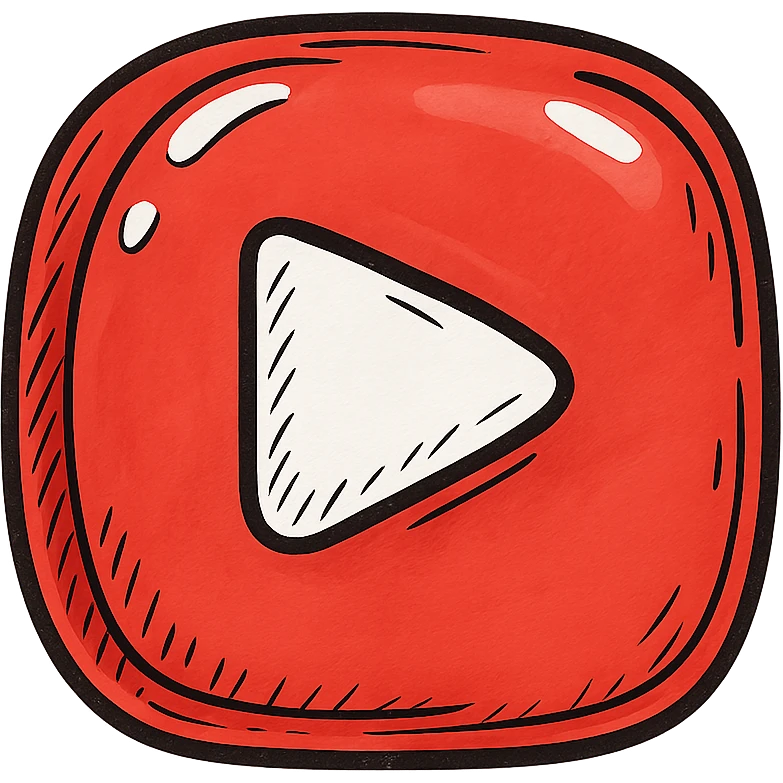 rounded inflated YouTube logo painted red, clear black outlines, dimensional shadows, glossy highlights, no background, playful juicy outlined style emoji