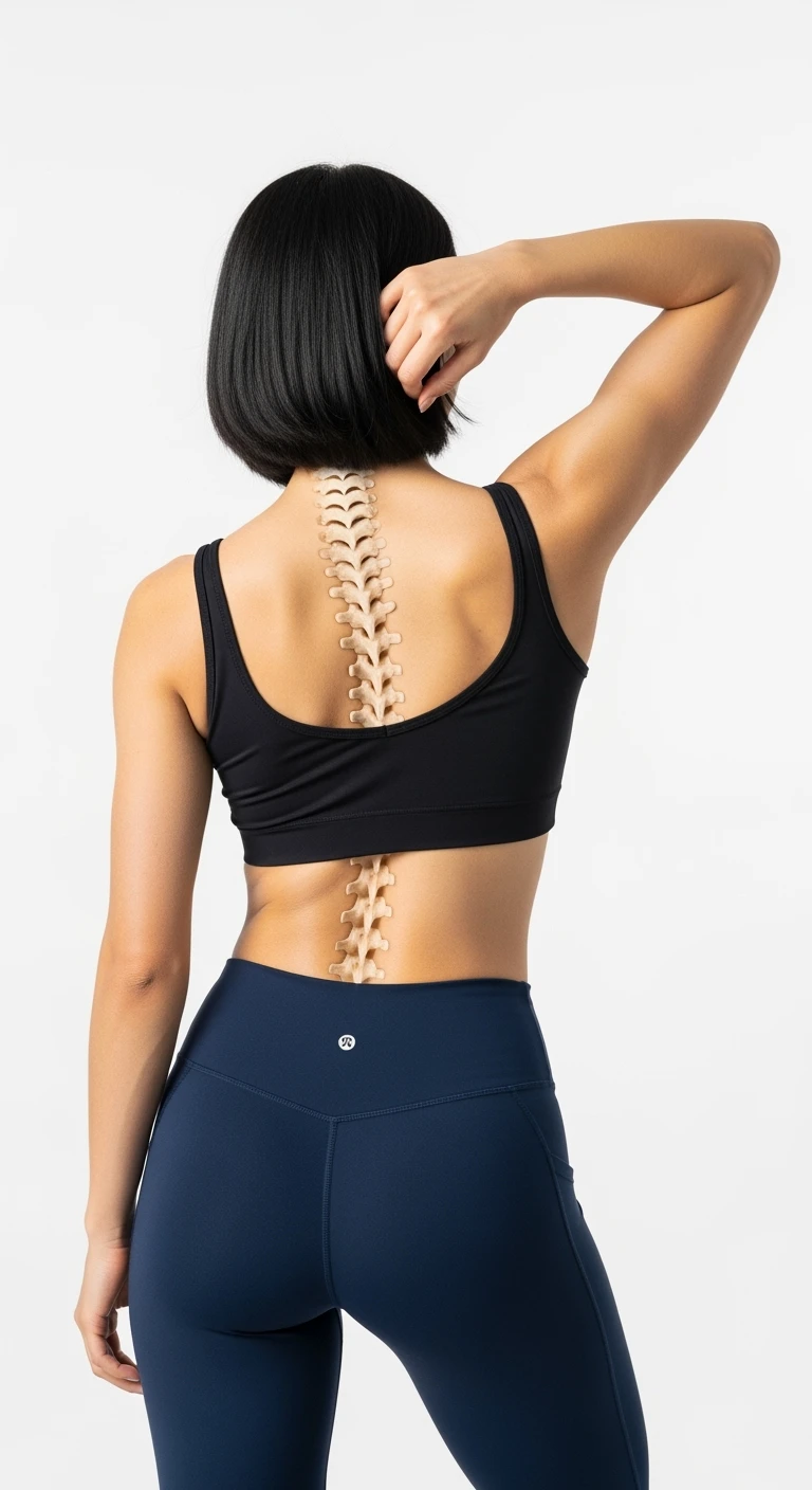 donna fitness di spalle con spina dorsale anatomica realistica in evidenza, sfondo bianco emoji