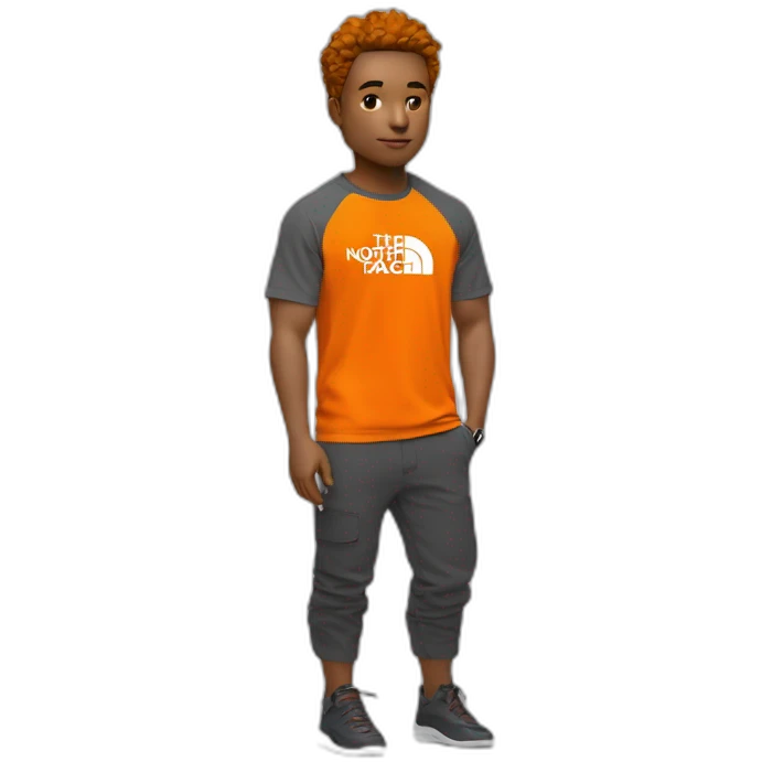 Un ado blanc avec un blowout taper et un t shirt thé North face orange et une chaîne emoji