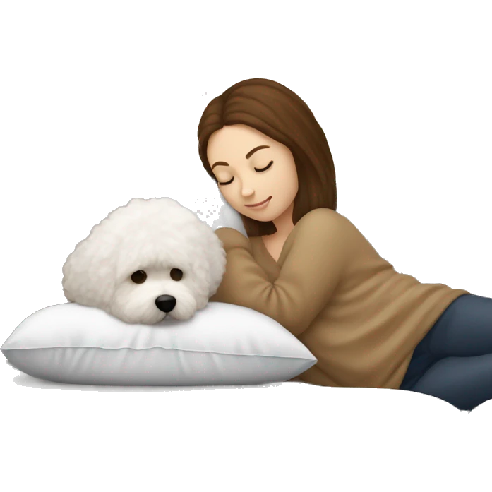 white pillow and a blanket, a white-skinned, brown-haired woman is sleeping with a little Bichon Friese emoji