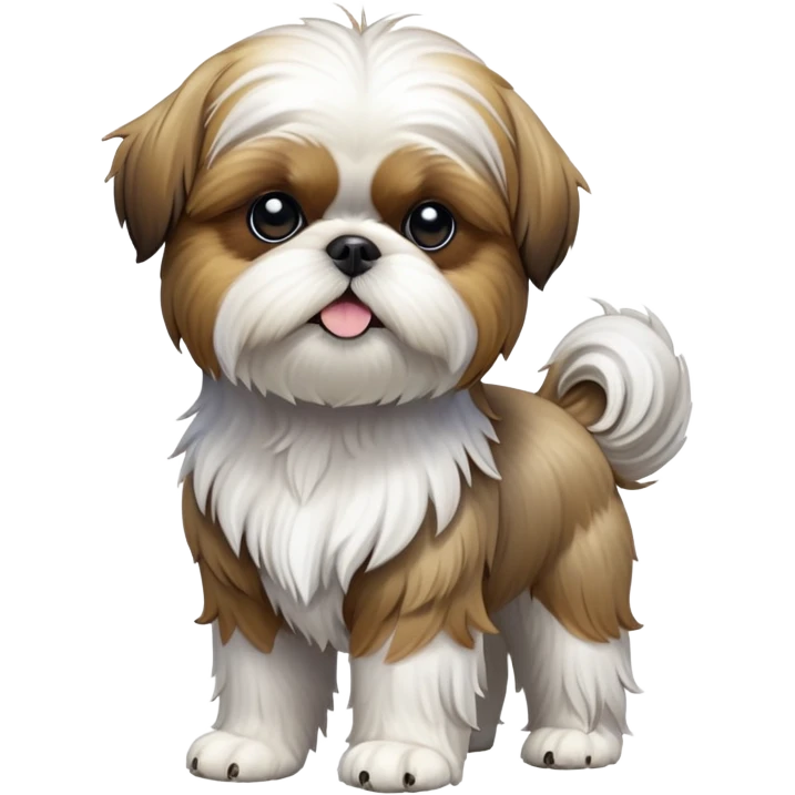 cinematic-[Shish tzu]-realistic-full-body-standing-emoji,-tail-resting-loosely-beside-its-paws,-head-tilted-dramatically, -scruffy-[white]-fur,-simplified-yet-realistic-focused-features,-highly-detailed,-glowing-with-an-almost-sarcastic-glow emoji