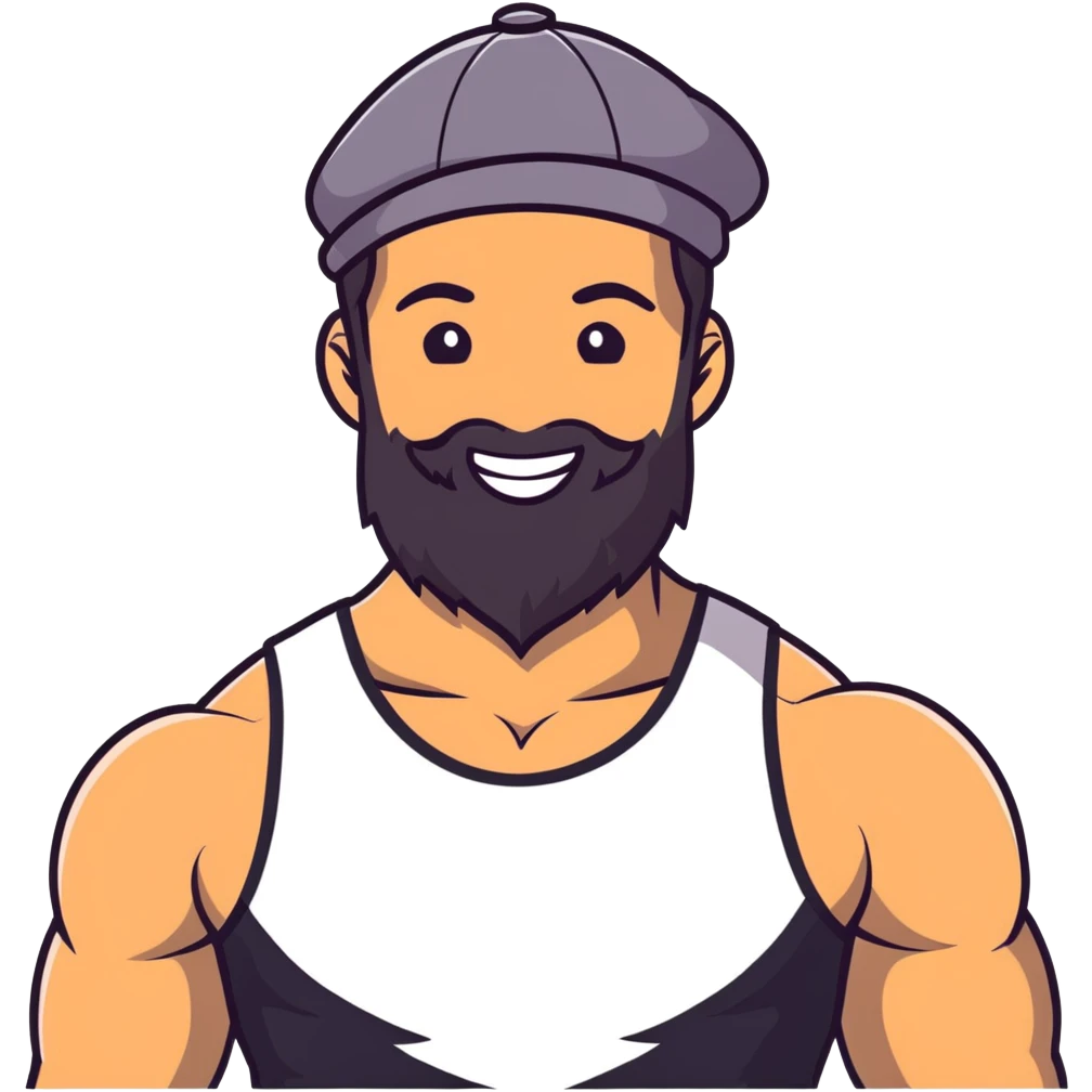 Muscular man with mid-long hair wearing a hat, big beard, smiling, white tank top emoji