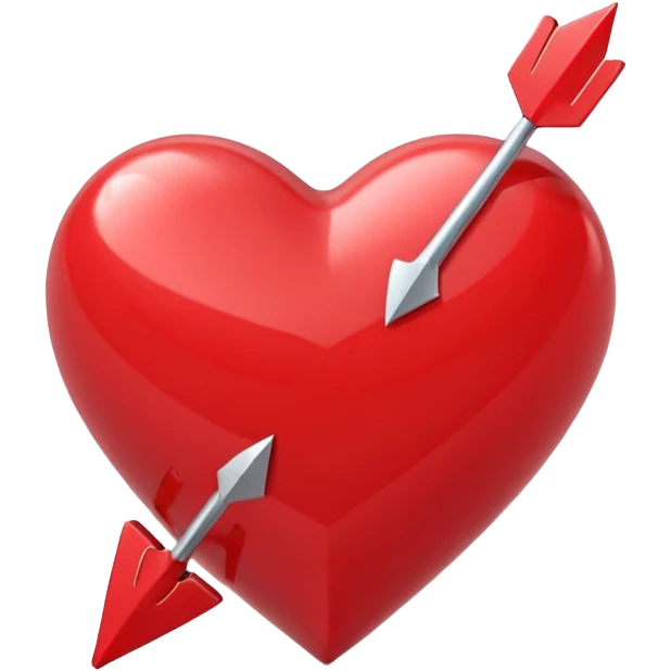 Apple-style 3D illustration of a glossy red heart pierced by a horizontal double-ended arrow. One end of the arrow has a small female symbol, the other end has a small male symbol. The heart is centered, shiny, with soft shadows, floating on a clean white background, minimal and emotional design emoji