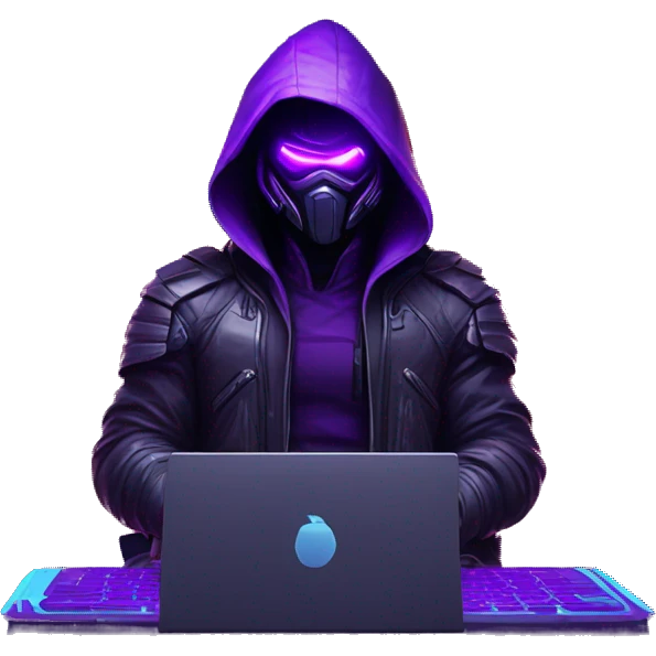 developer behind his laptop with this style : crysis Cyberpunk Valorant neon glowing bright purple character purple violet black hooded assassin themed character emoji