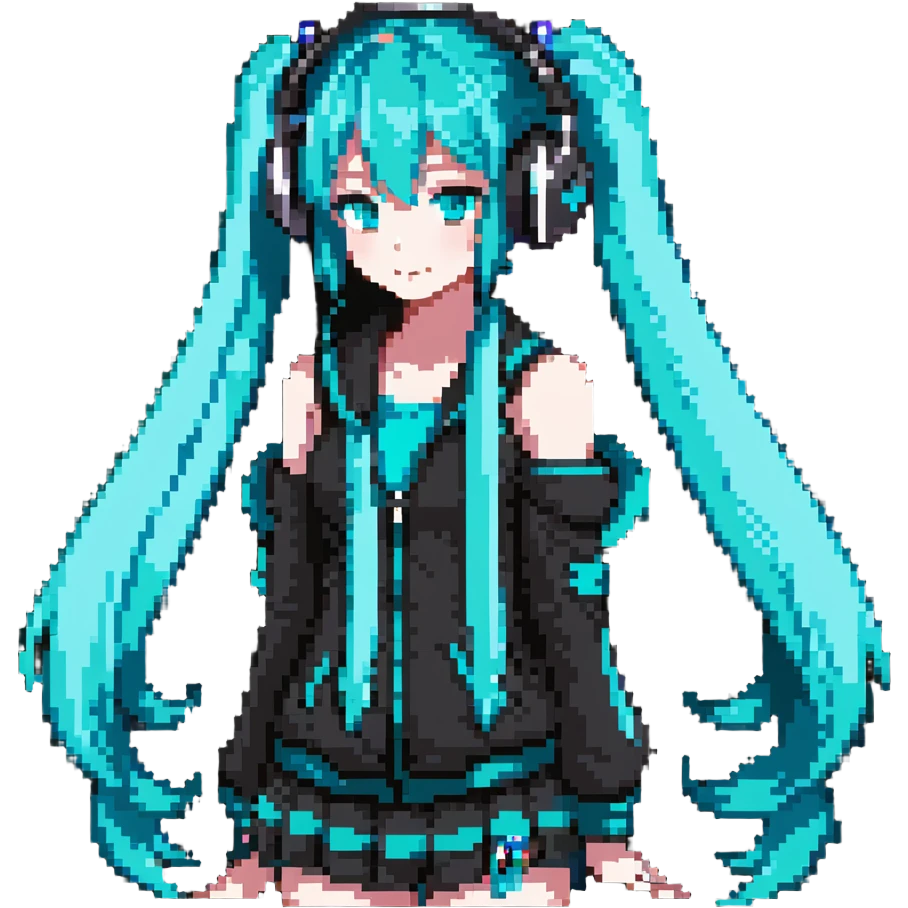Hatsune Miku with teal twin tails, headphones, and signature outfit emoji