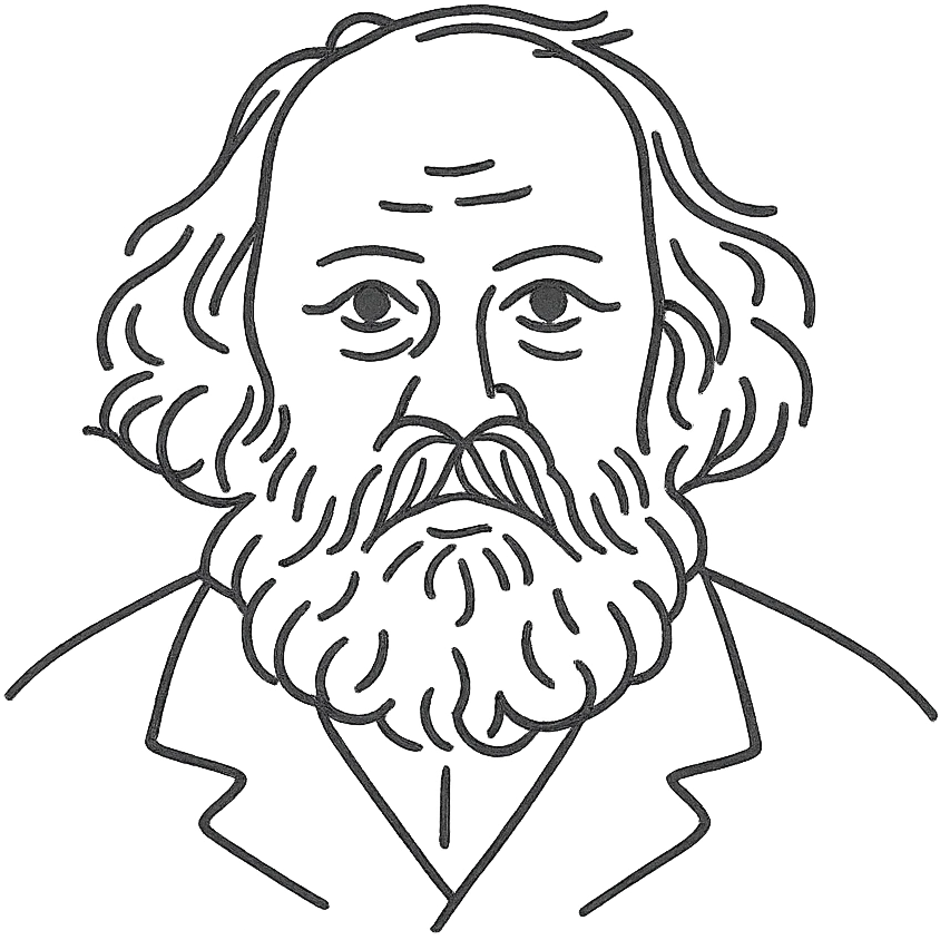 a hand drawn black outline portrait of Mikhail Bakounin with similar size eyes based a famous photograph of him emoji