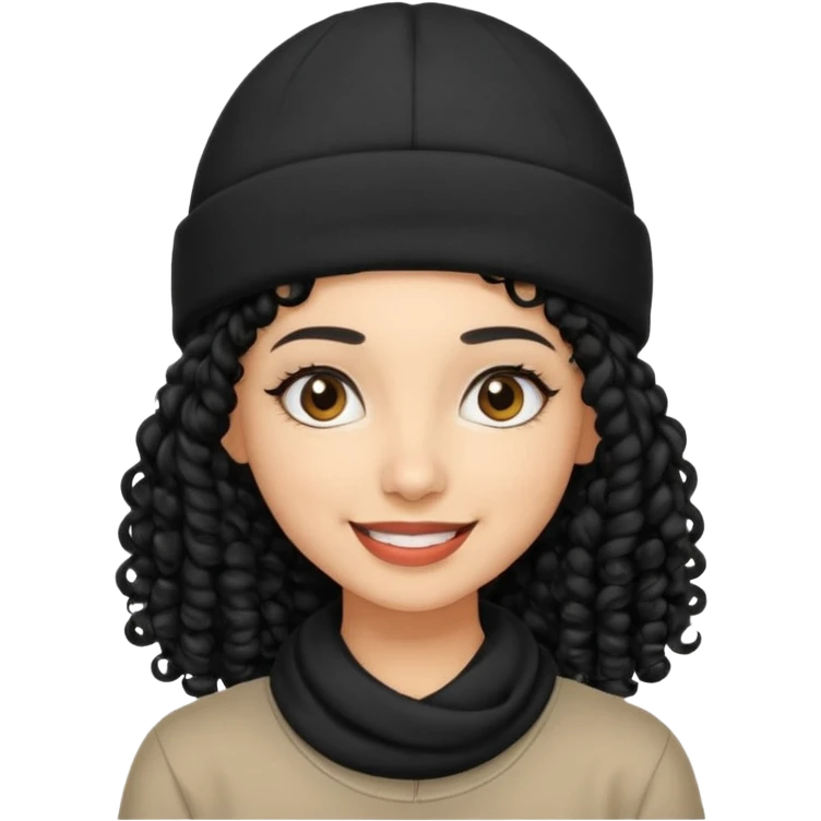 smiling arab hipster woman with curly hair and beanie emoji