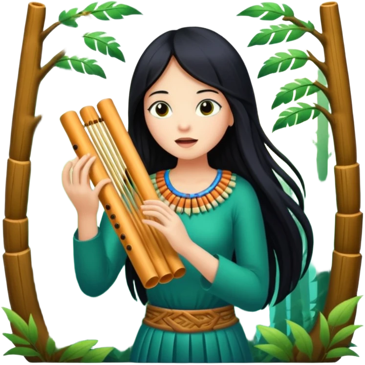 mystical forest woman with long black hair playing glowing pan flute emoji