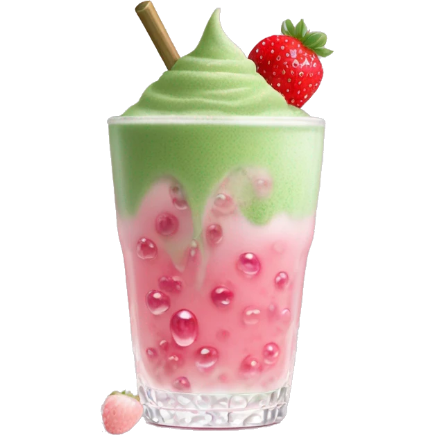 glass of ice matcha with boba pearls in the bottom covered with pink strawberry foam emoji