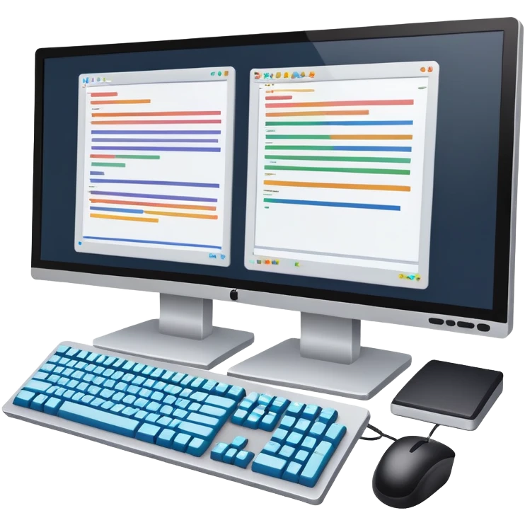 An icon featuring two large monitors filled with colorful code lines, symbolizing programming. The design includes a keyboard, terminal windows, and flowcharts in the background, representing software development, logic, and debugging. Transparent background emoji
