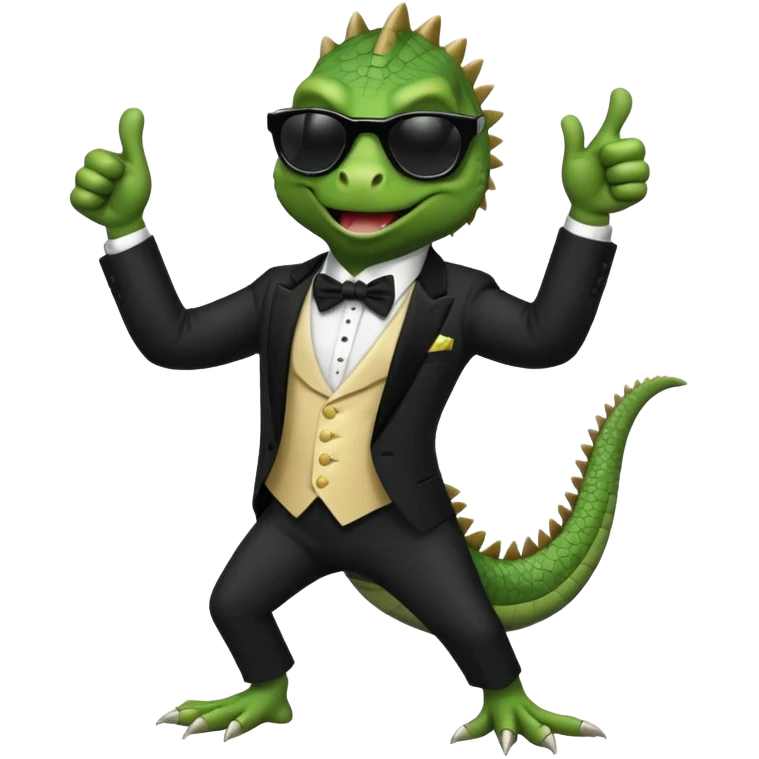 capitalist iguana banker in tuxedo and black sunglasses dancing crazy thumb up emoji