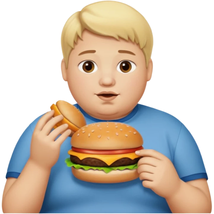 Make a fat blonde 15 year old boy eating a burger with a middle part emoji