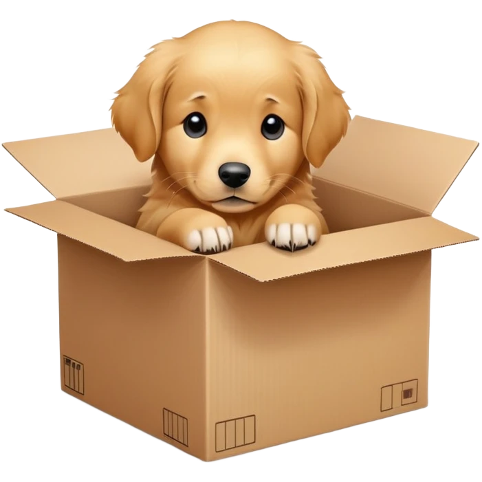  A very cute young Golden Retriever  with one's head tilted to one side poked its paws out of the cardboard big box and placed them on top of it emoji