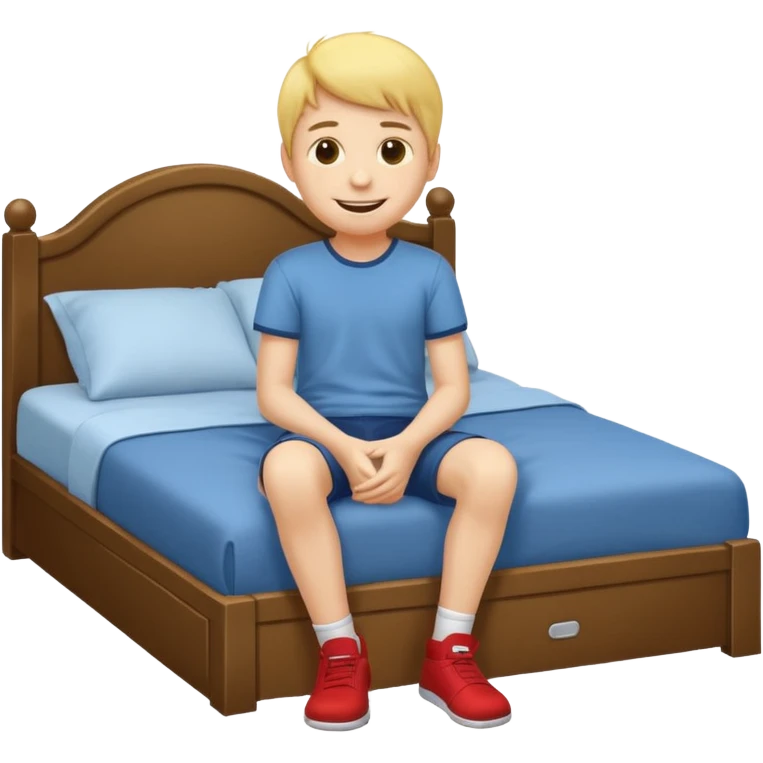 emoji- of a smiley boy sitting at the edge of the bed with legs on the floor emoji