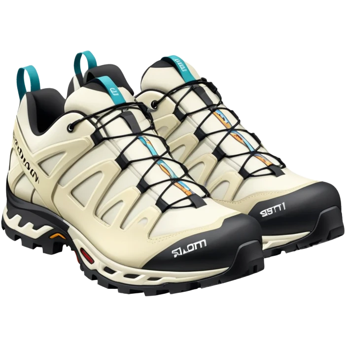 Minimalist iOS-style emoji of white Salomon XT-6 Gore-Tex shoes positioned as a pair with one behind the other, simple clean lines but recognizable technical hiking shoe details emoji