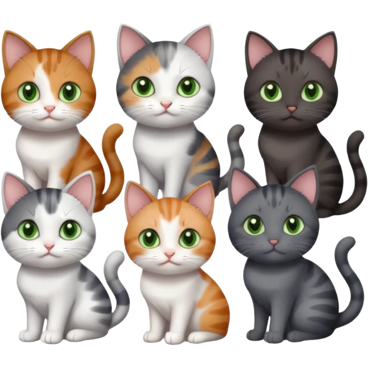 6 different coloured small cats including a dark grey and white, and a patchy calico, and a brown tabby and white,  and a completely solid dark grey with green eyes and only white paws emoji
