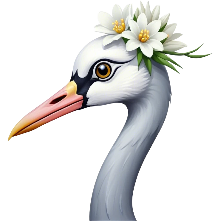 A beautiful crane with a white flower in its beak emoji