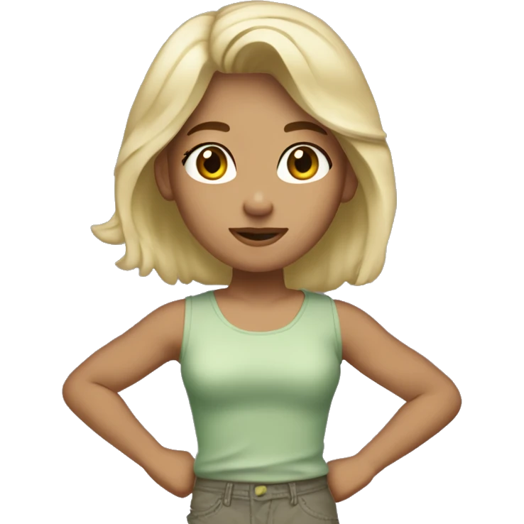 A 4,10 girl looks 5/10 blonde brown hair grey tank top will pale green Chicargo pants hazel eyes  emoji