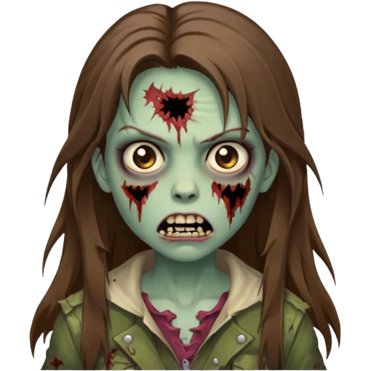 Girl zombie with brown long hair with teeth and serious face iPhone emoji emoji